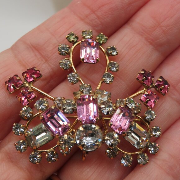 Vintage DeCurtis Pink Clear Rhinestone 12KGF Gold Tone Brooch Pendant - Picture 5 of 10